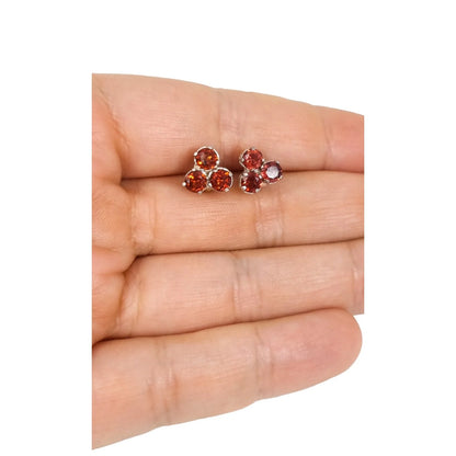 Vintage sterling silver 3 stone red garnet cluster stud earrings, round-cut