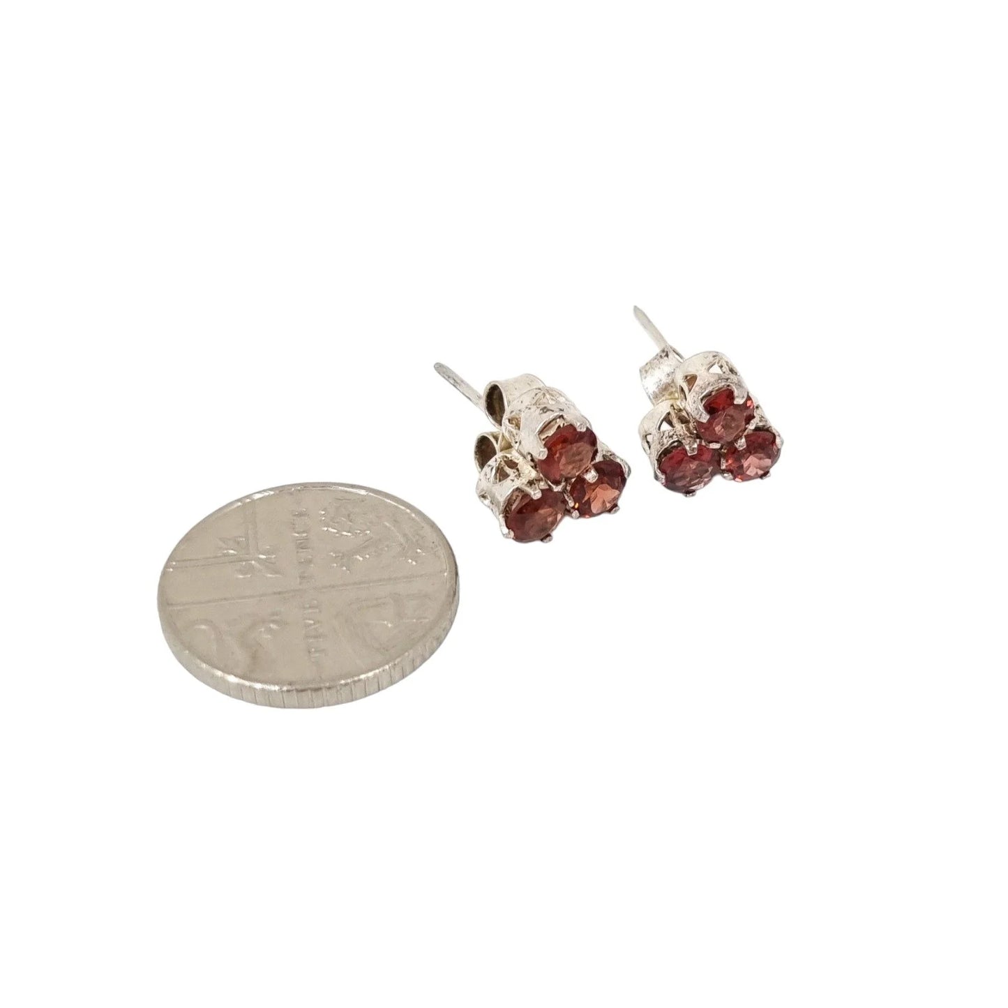 Vintage sterling silver 3 stone red garnet cluster stud earrings, round-cut