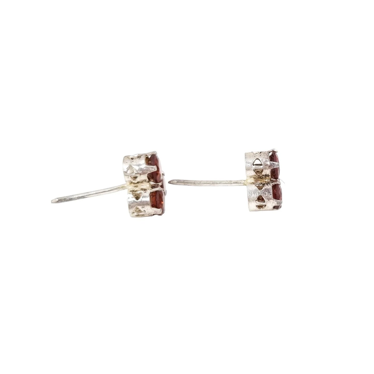 Vintage sterling silver 3 stone red garnet cluster stud earrings, round-cut