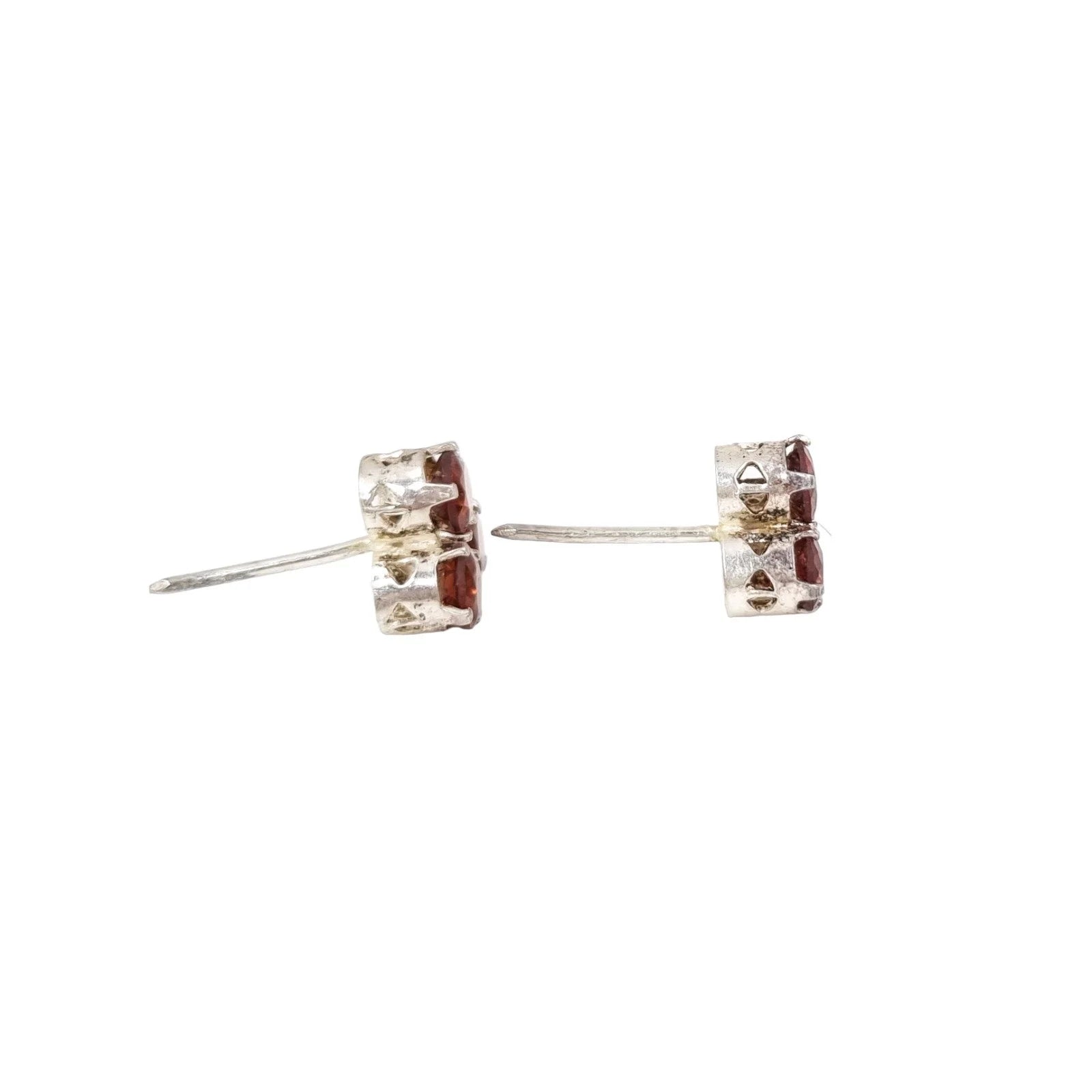 Vintage sterling silver 3 stone red garnet cluster stud earrings, round-cut