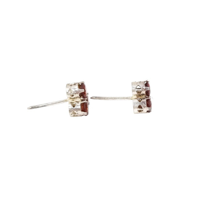 Vintage sterling silver 3 stone red garnet cluster stud earrings, round-cut