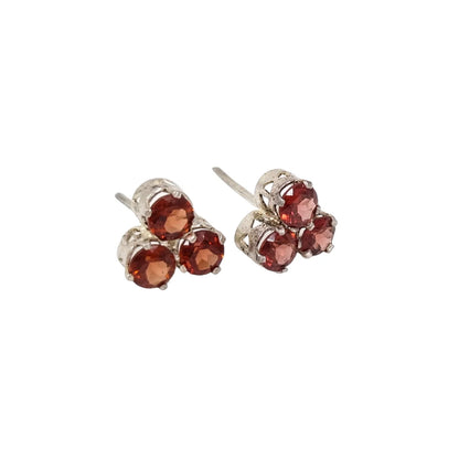 Vintage sterling silver 3 stone red garnet cluster stud earrings, round-cut