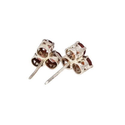 Vintage sterling silver 3 stone red garnet cluster stud earrings, round-cut