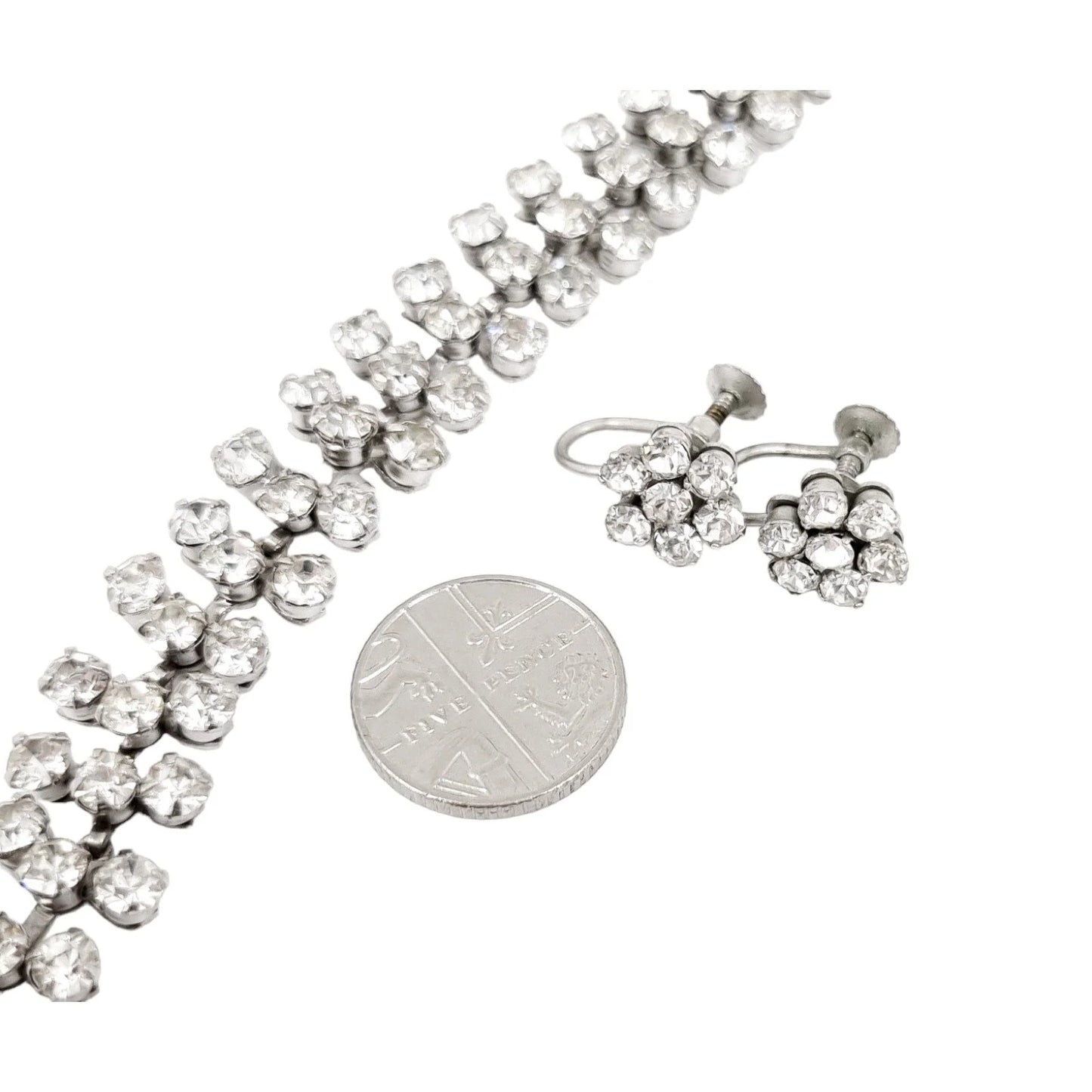 Vintage 1950’s rhinestone screw back floral cluster earrings & triple row bracelet set