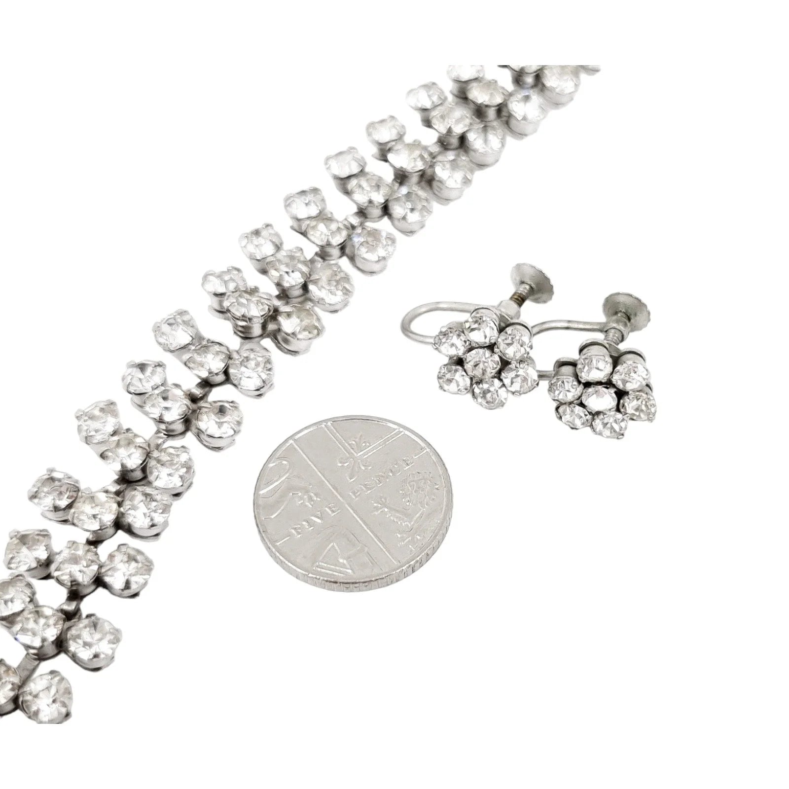 Vintage 1950’s rhinestone screw back floral cluster earrings & triple row bracelet set