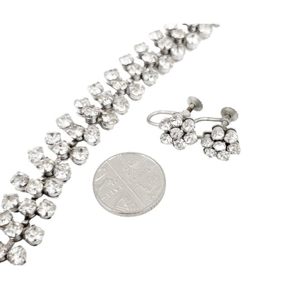 Vintage 1950’s rhinestone screw back floral cluster earrings & triple row bracelet set
