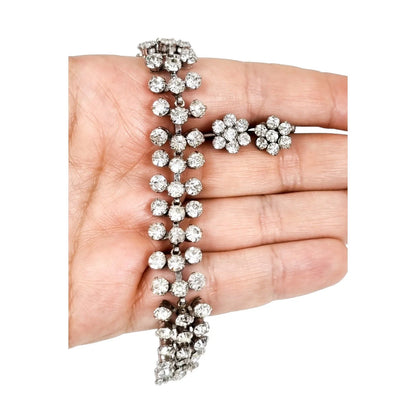 Vintage 1950’s rhinestone screw back floral cluster earrings & triple row bracelet set
