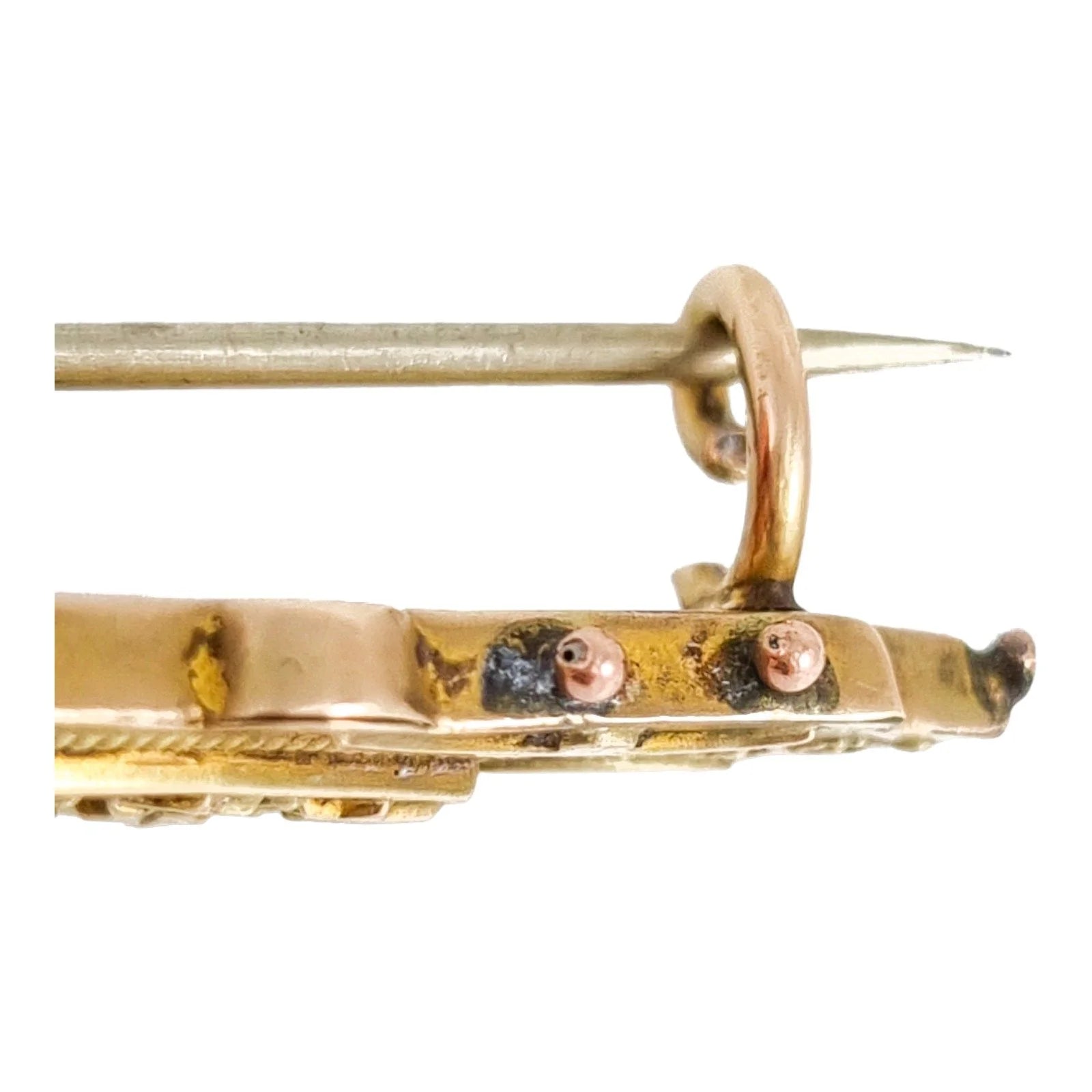 Ornate 9 ct yellow gold and seed pearl Victorian brooch, Etruscan Revival motif