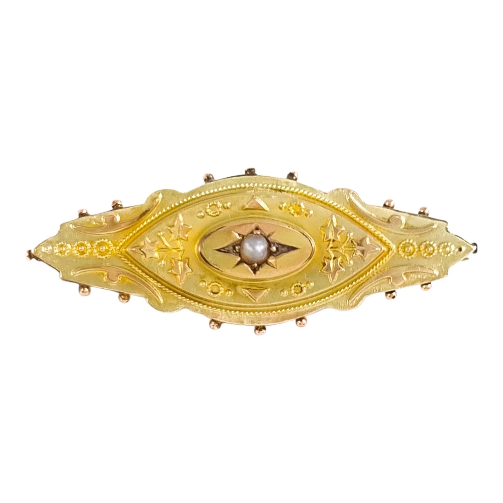 Ornate 9 ct yellow gold and seed pearl Victorian brooch, Etruscan Revival motif