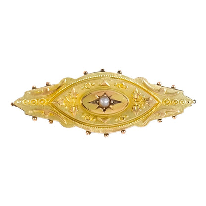 Ornate 9 ct yellow gold and seed pearl Victorian brooch, Etruscan Revival motif