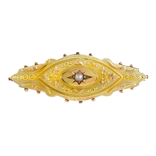 Ornate 9 ct yellow gold and seed pearl Victorian brooch, Etruscan Revival motif