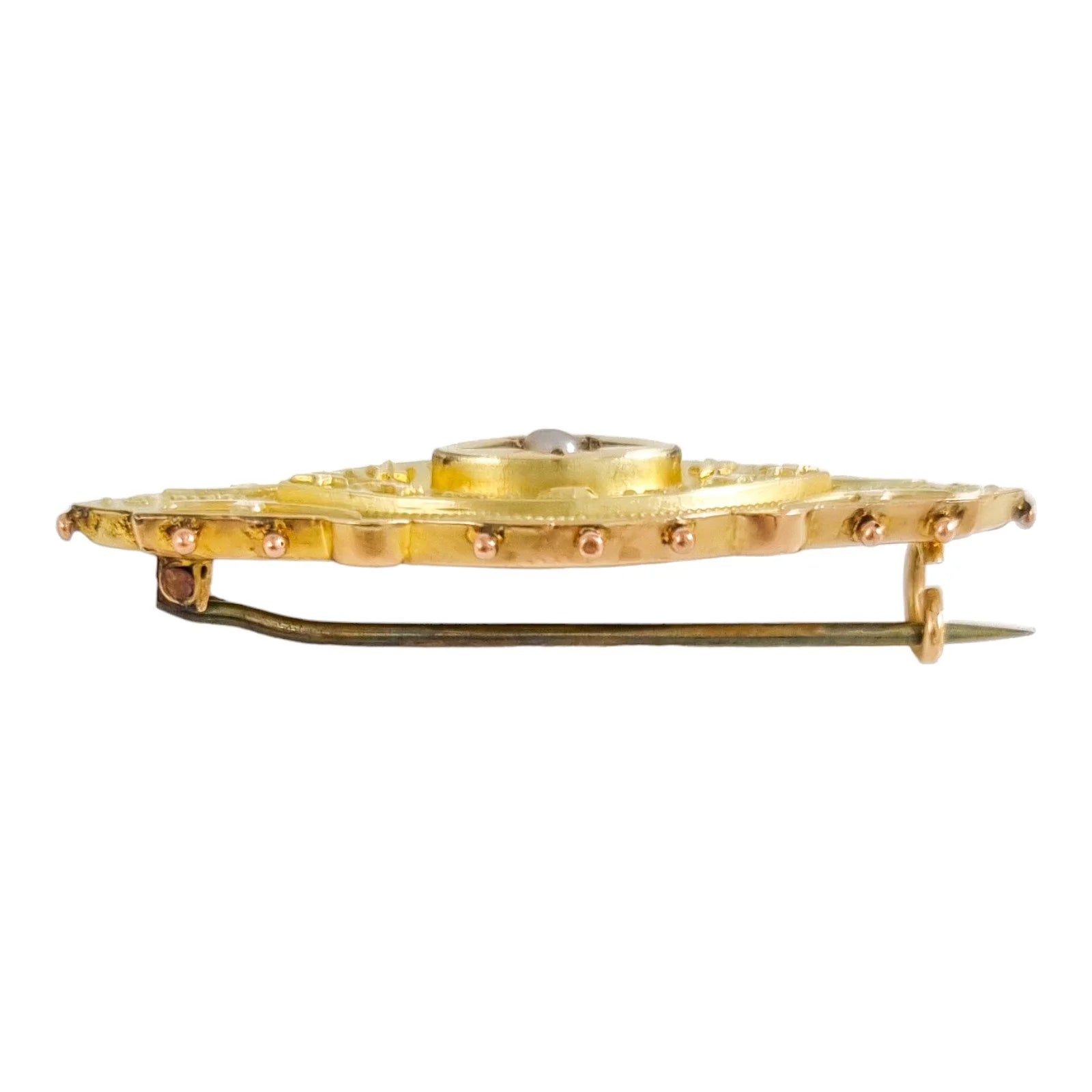 Ornate 9 ct yellow gold and seed pearl Victorian brooch, Etruscan Revival motif