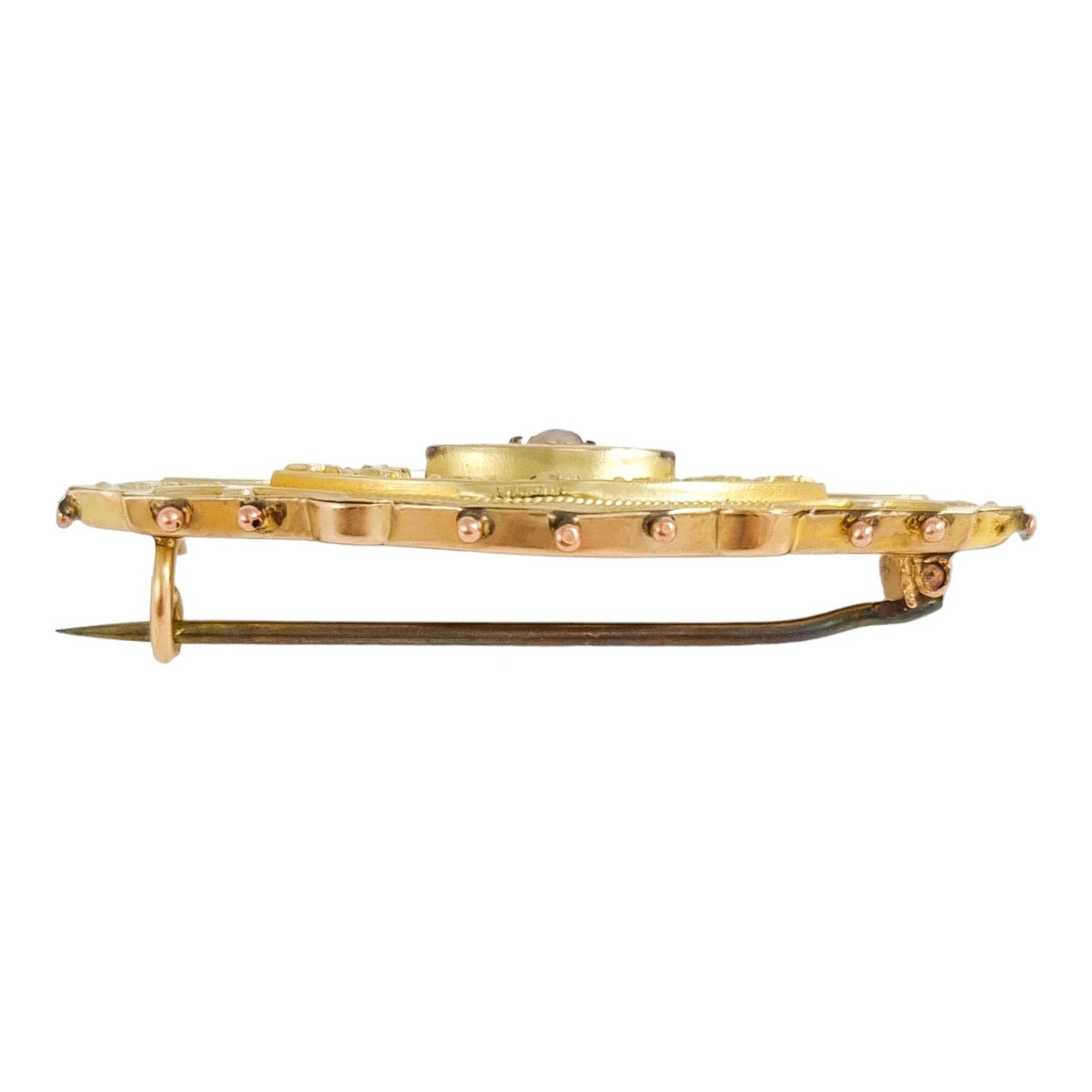 Ornate 9 ct yellow gold and seed pearl Victorian brooch, Etruscan Revival motif