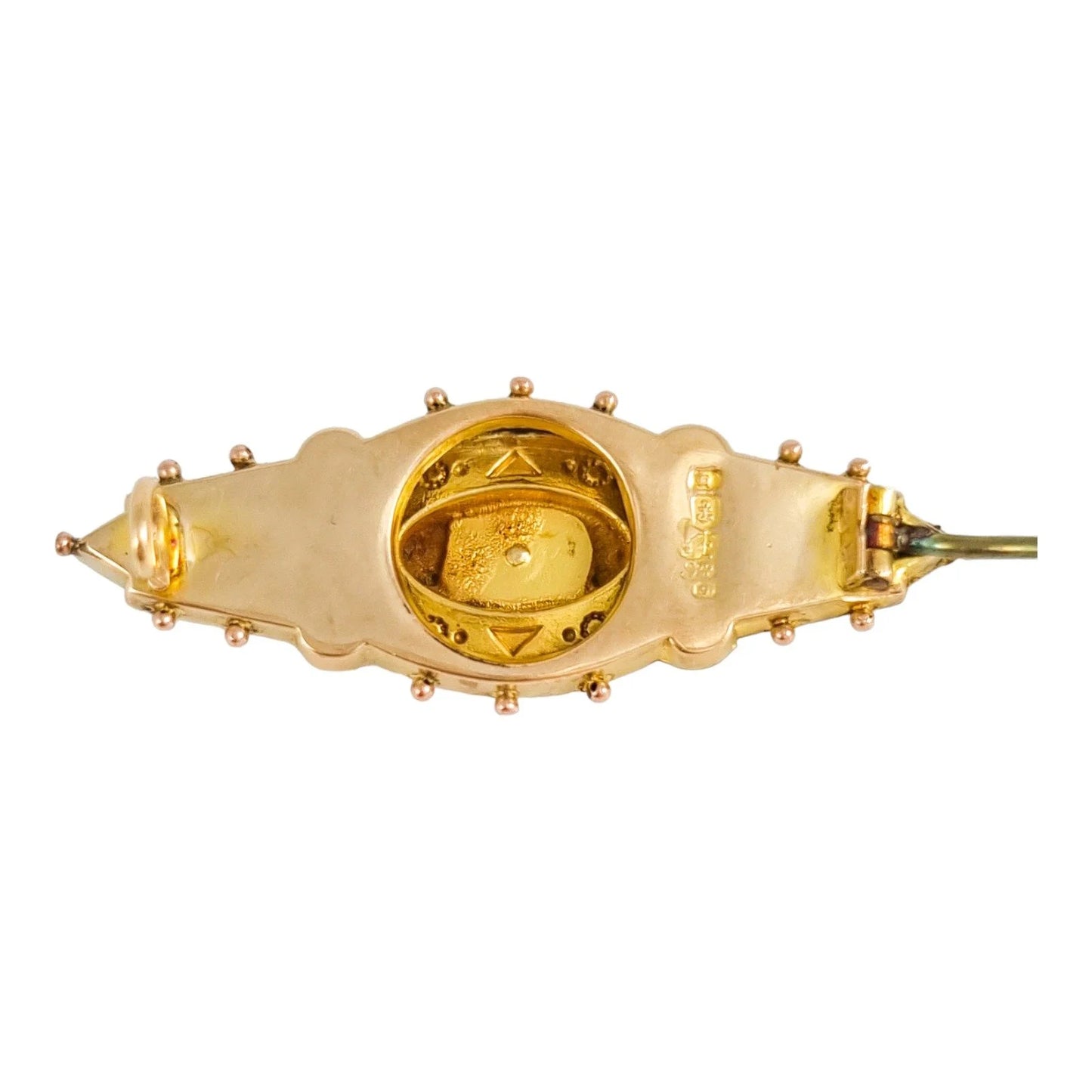 Ornate 9 ct yellow gold and seed pearl Victorian brooch, Etruscan Revival motif