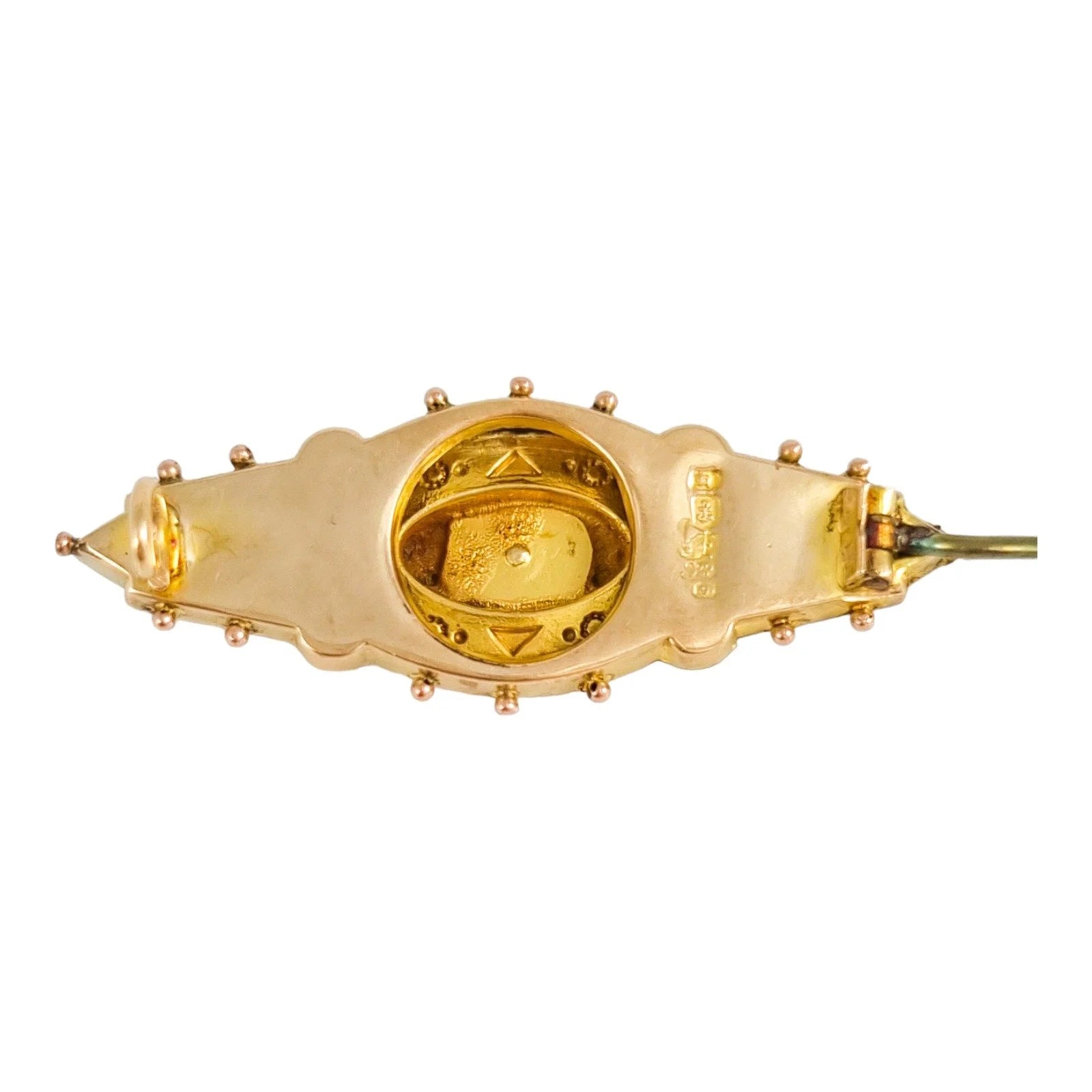 Ornate 9 ct yellow gold and seed pearl Victorian brooch, Etruscan Revival motif