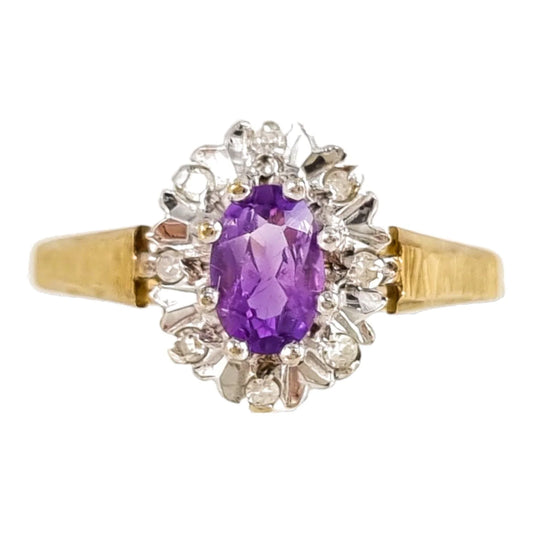 Elegant vintage diamond and amethyst floral ring set in a 9 ct yellow gold band, size N