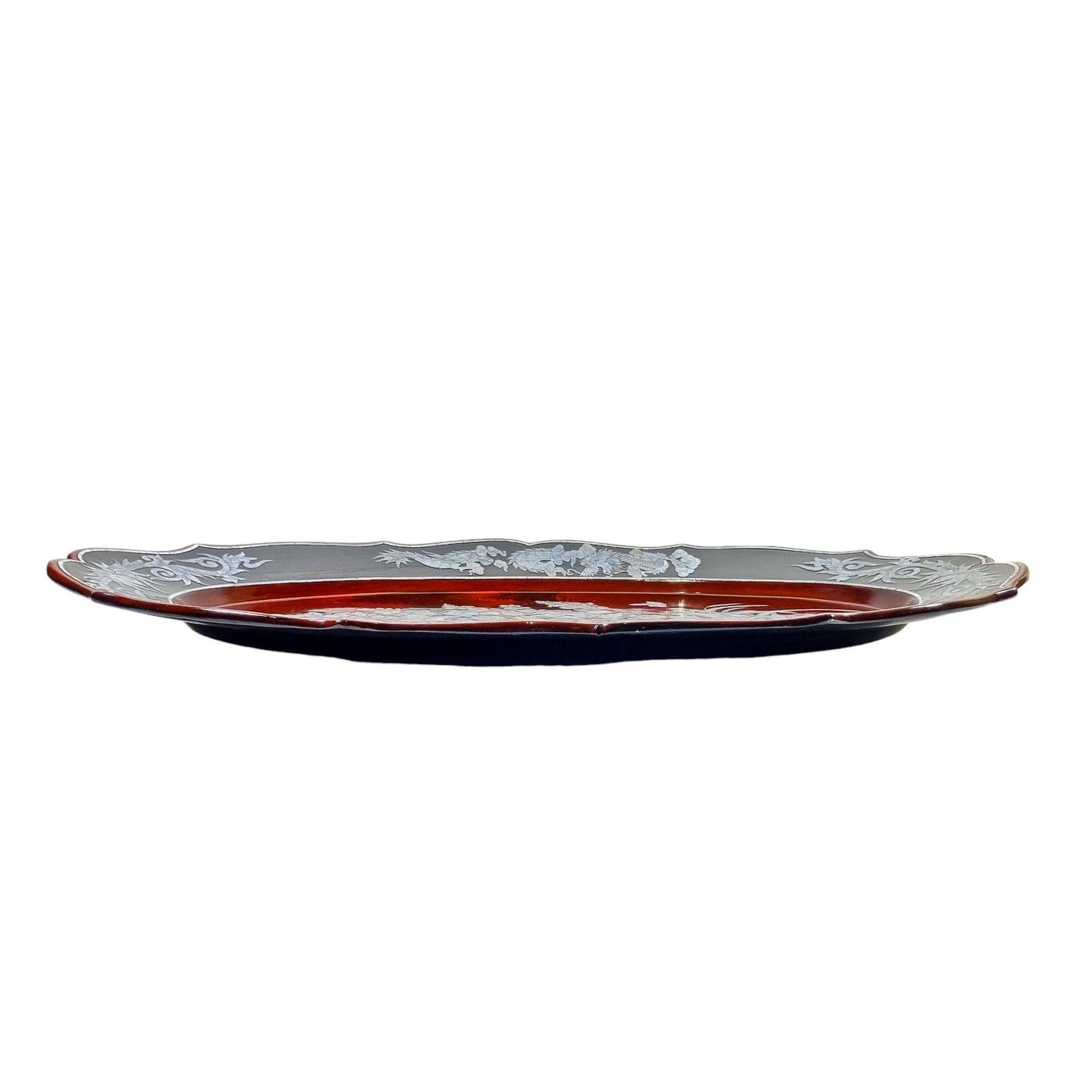 Huge vintage Asian lacquerware fluted tray inlaid with mother-of-pearl flowers, dragons, birds and butterflies