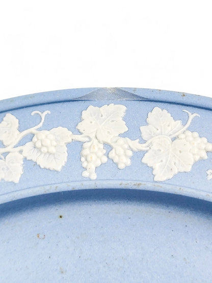 Antique English Wedgwood style blue jasperware cheese dome and stand with grapevine decoration, 19th century
