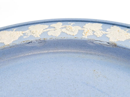 Antique English Wedgwood style blue jasperware cheese dome and stand with grapevine decoration, 19th century