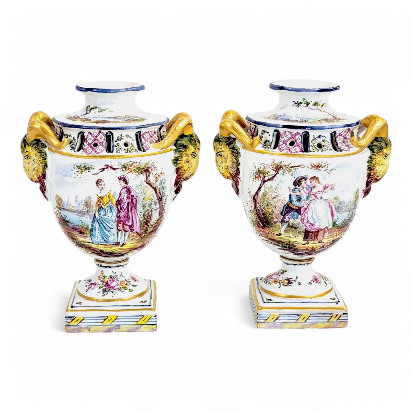 Rare 18th century French faience urns by Veuve Perrin with hand-painted pastoral scenes in Rococo style