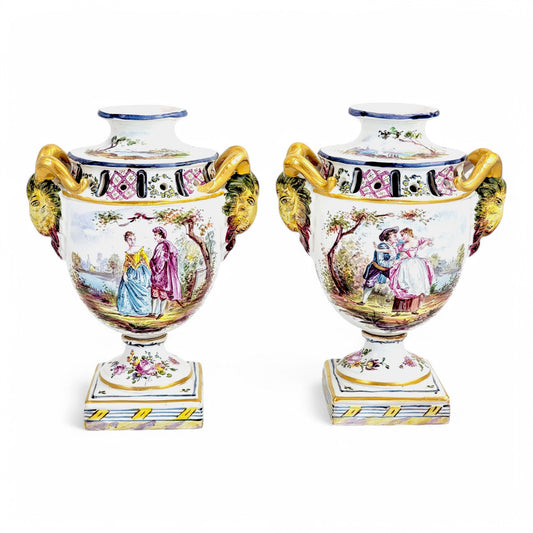 Rare 18th century French faience urns by Veuve Perrin with hand-painted pastoral scenes in Rococo style