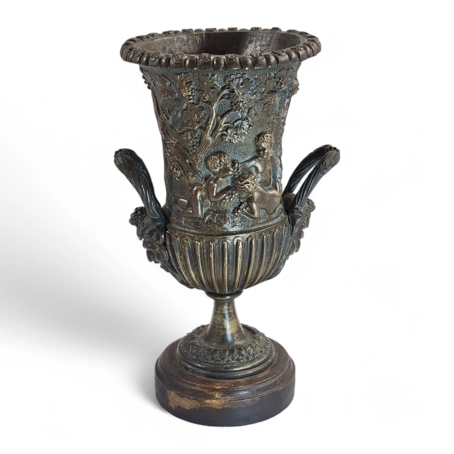 Italian Art Nouveau hand cast bronze amphora with children and grapevine design