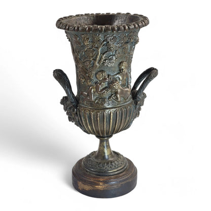 Italian Art Nouveau hand cast bronze amphora with children and grapevine design