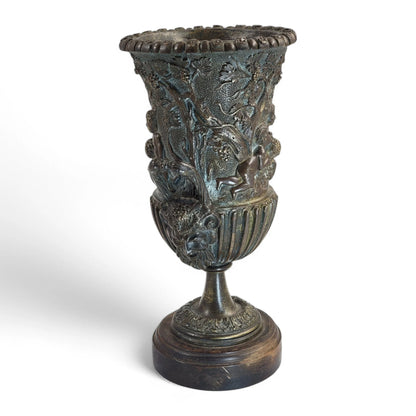 Italian Art Nouveau hand cast bronze amphora with children and grapevine design