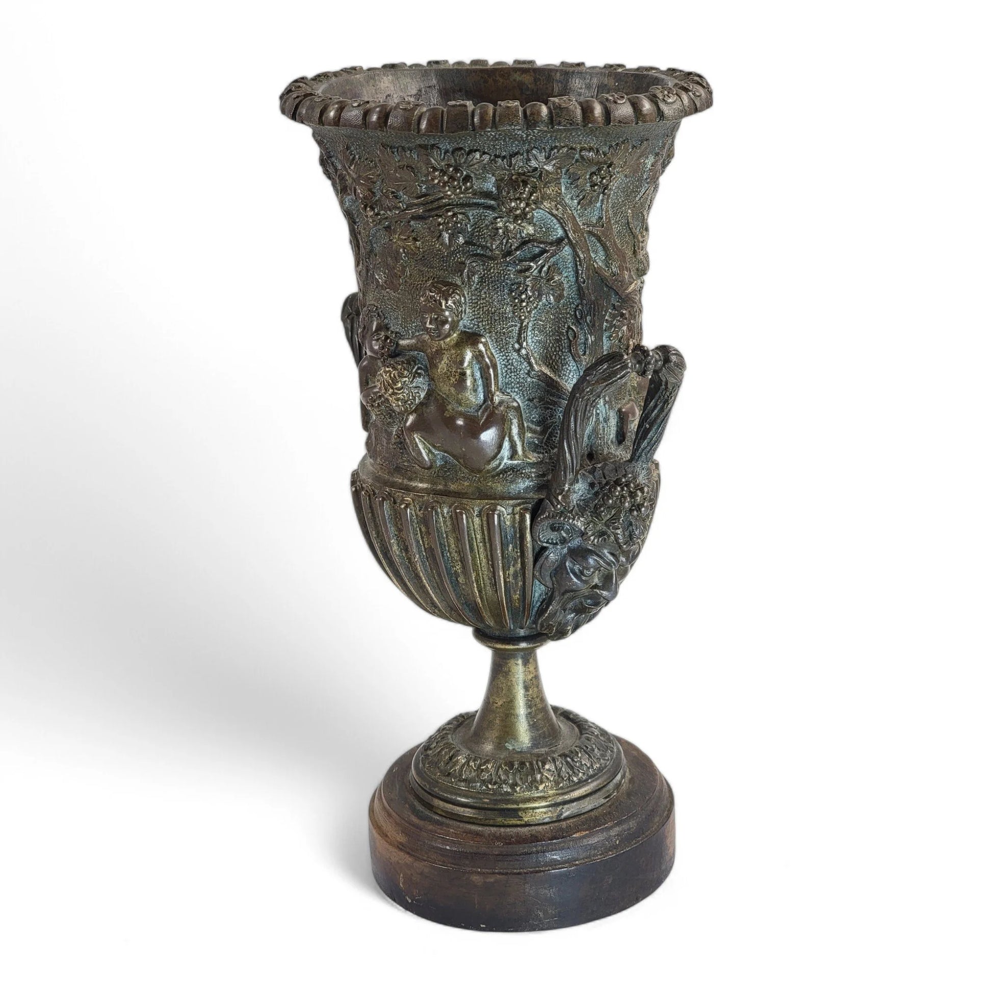 Italian Art Nouveau hand cast bronze amphora with children and grapevine design