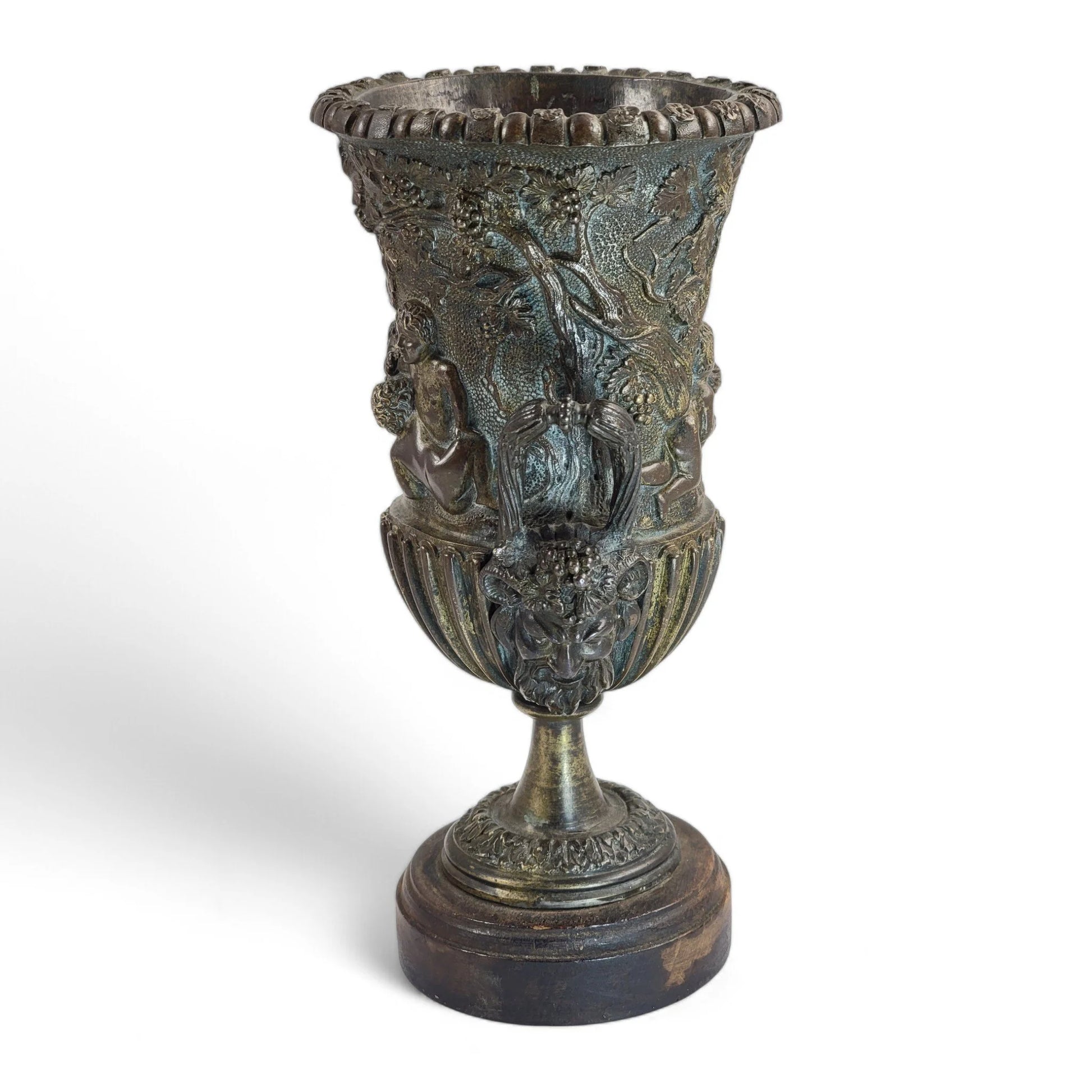 Italian Art Nouveau hand cast bronze amphora with children and grapevine design