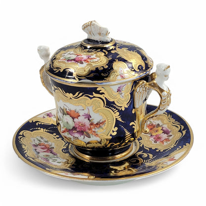 Regency era Coalport Pembroke chocolate cup and caucer, winged harpy handles