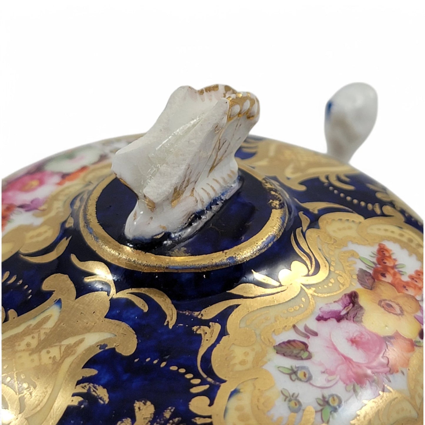 Regency era Coalport Pembroke chocolate cup and caucer, winged harpy handles