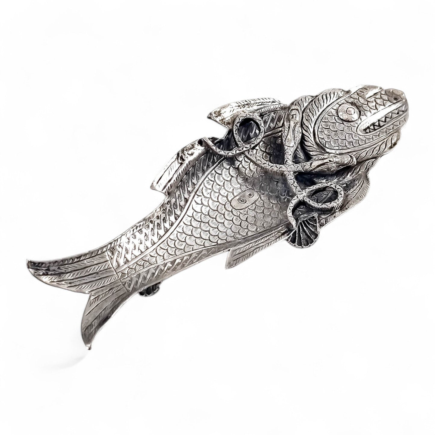 Rare 19th-Century Kutch Indian Silver Dish Modelled as a Fish and Snake, c. 1890