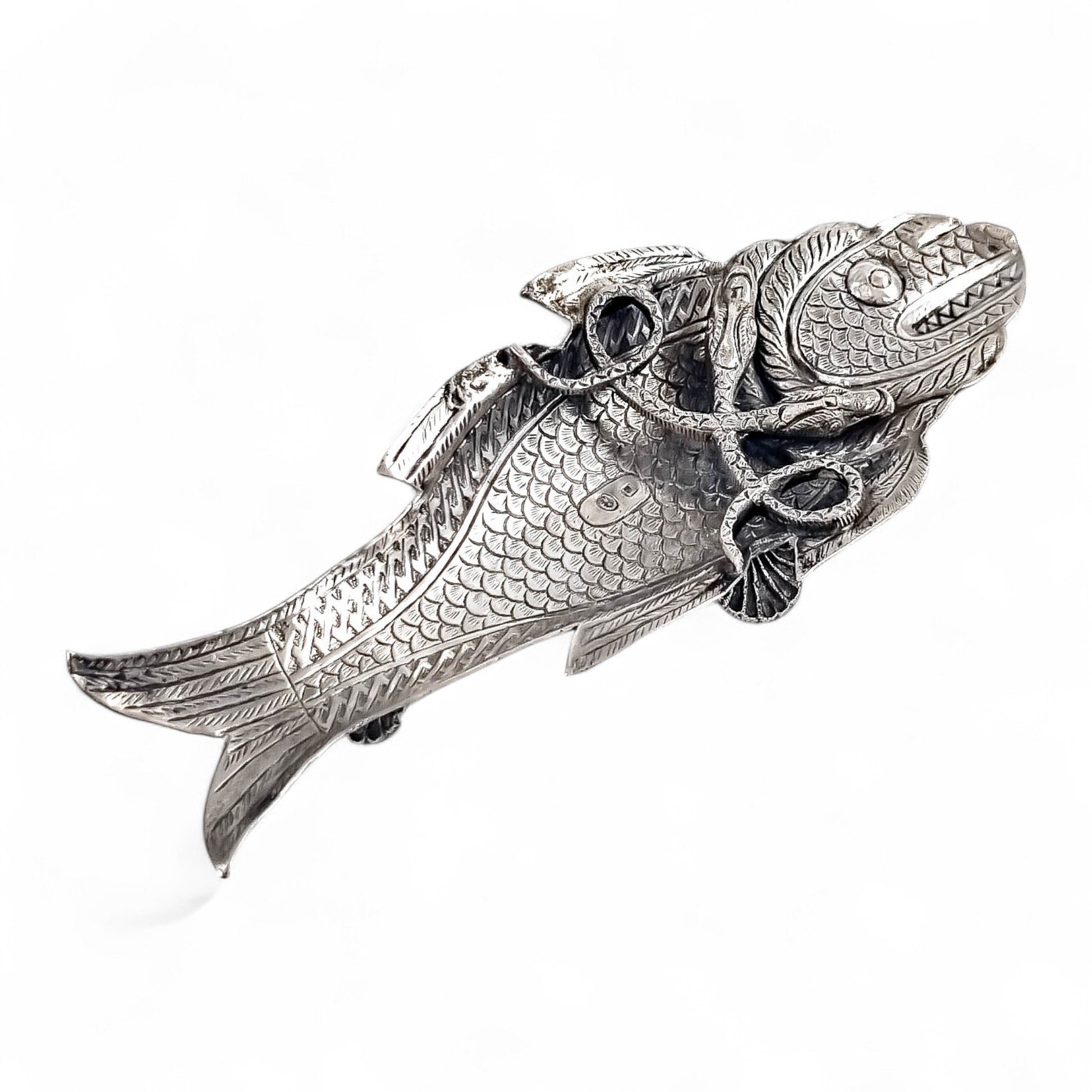 Rare 19th-Century Kutch Indian Silver Dish Modelled as a Fish and Snake, c. 1890