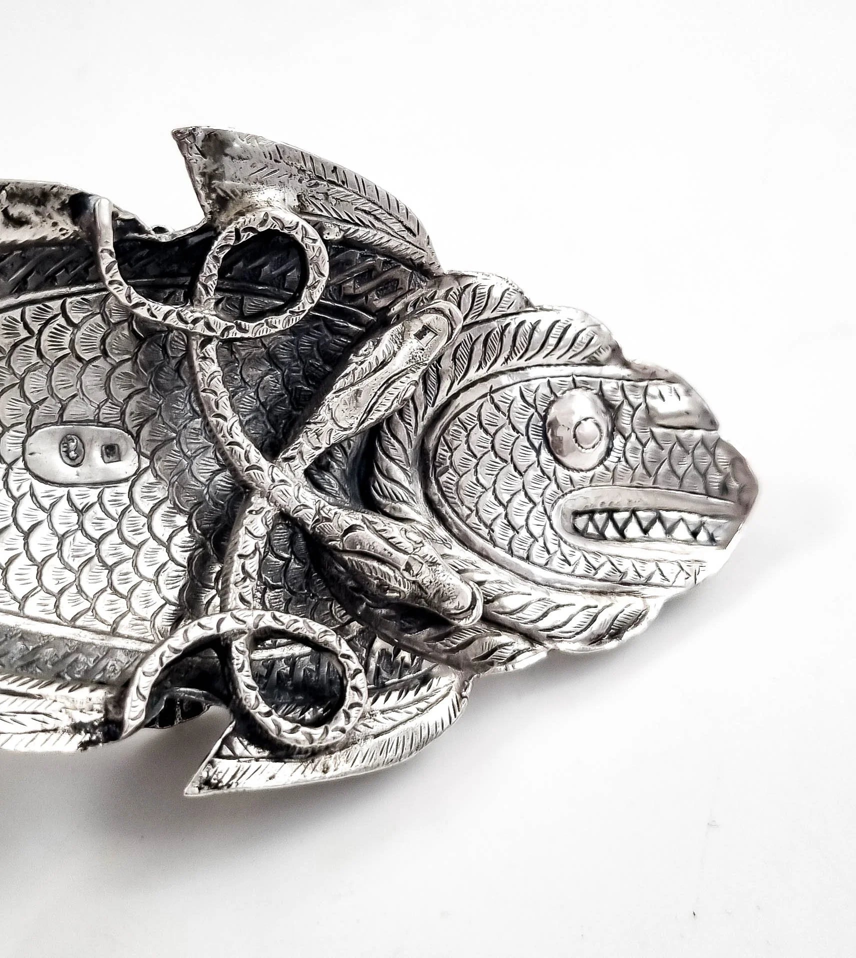 Rare 19th-Century Kutch Indian Silver Dish Modelled as a Fish and Snake, c. 1890
