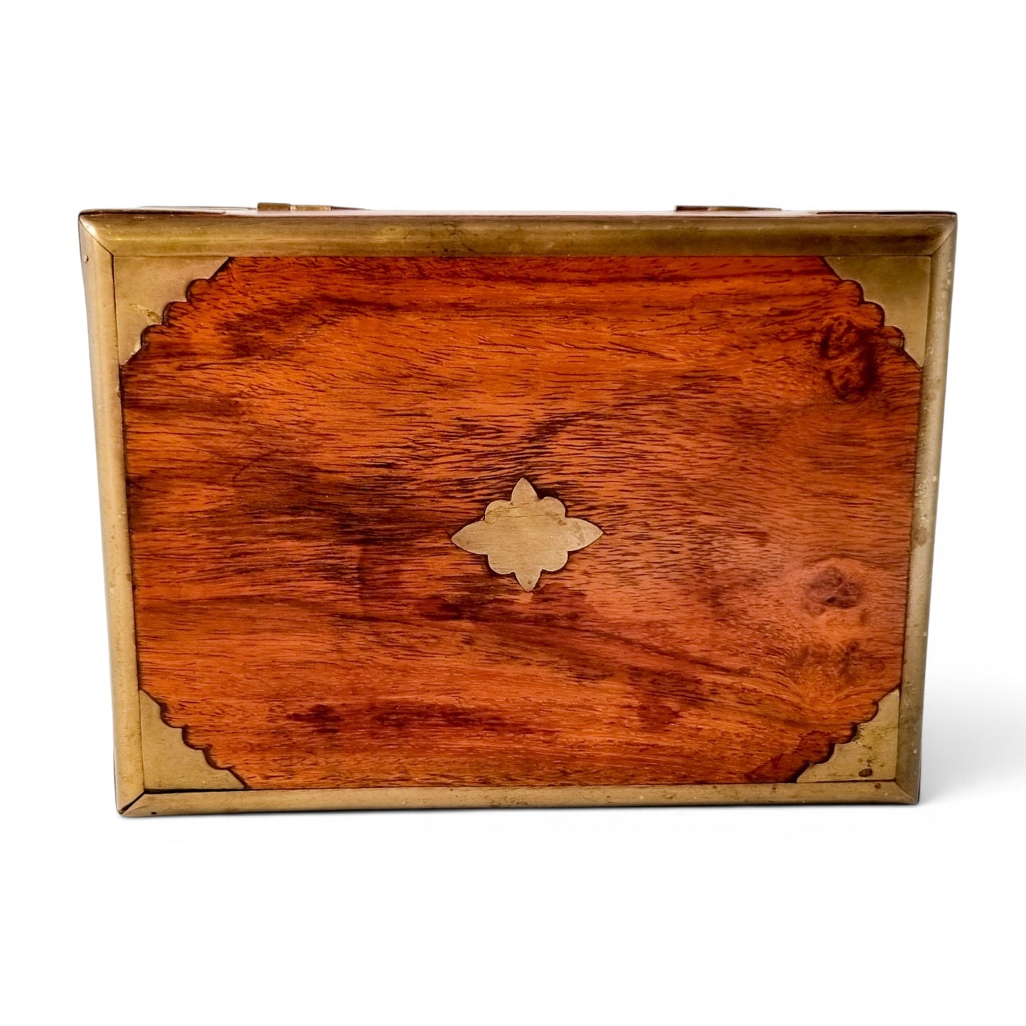 Vintage Indian rosewood campaign style box, brass-bound