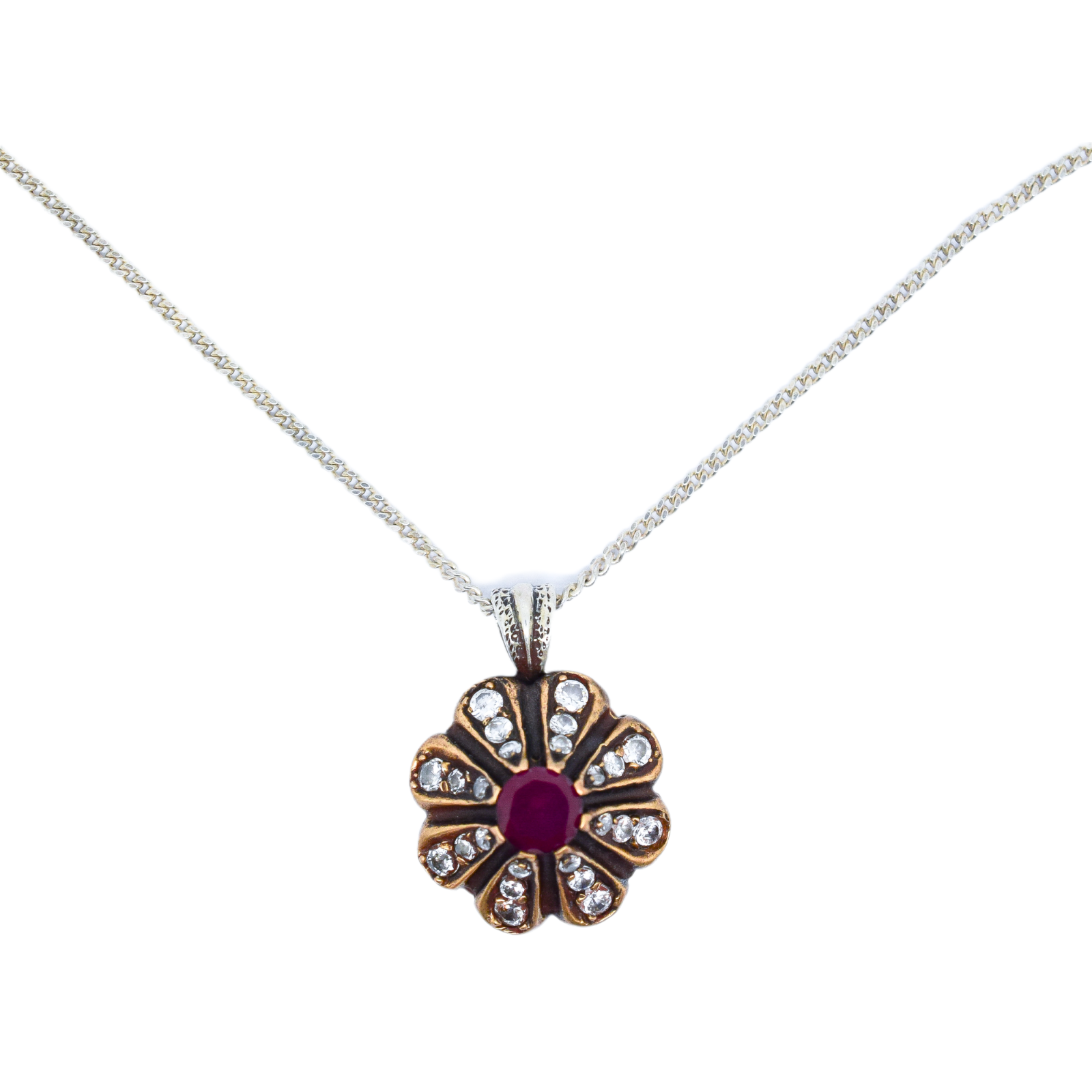 Renaissance style sterling silver cluster floral drop pendant necklace, ruby and paste