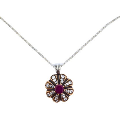 Renaissance style sterling silver cluster floral drop pendant necklace, ruby and paste
