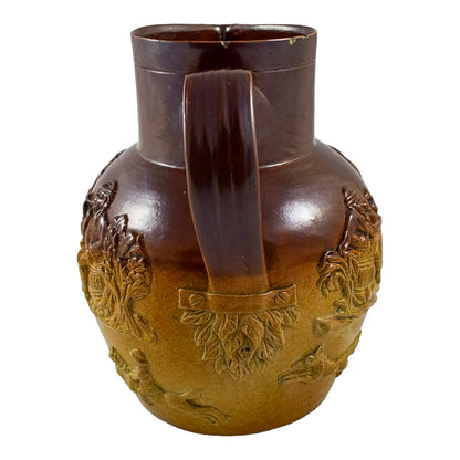Victorian salt glaze two-tone stoneware jug with foxhunt and village scenes, style of Doulton Lambeth