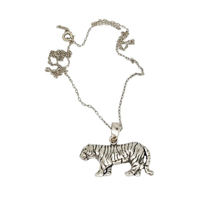 Vintage sterling silver 3D walking tiger pendant necklace on cable chain