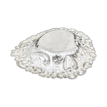 Edwardian sterling silver heart-shaped bonbon dish with bows