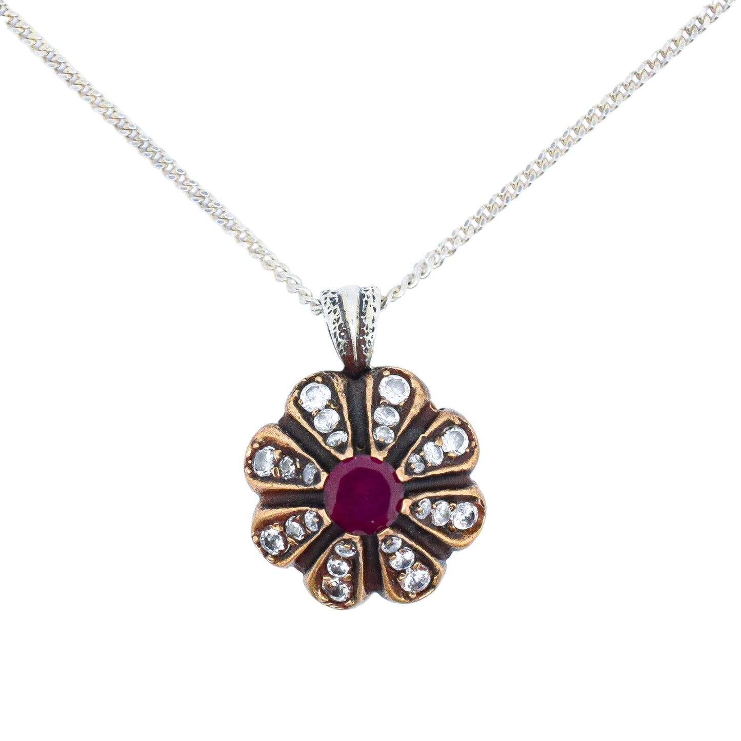 Renaissance style sterling silver cluster floral drop pendant necklace, ruby and paste