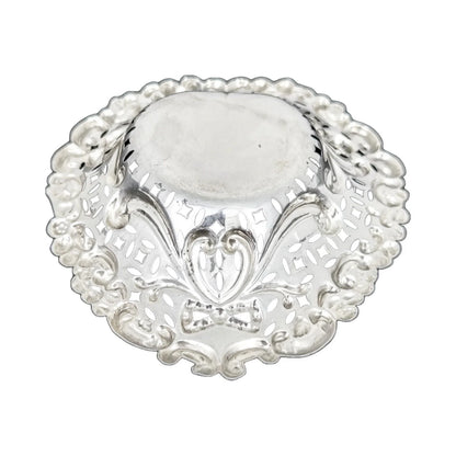 Edwardian sterling silver heart-shaped bonbon dish with bows