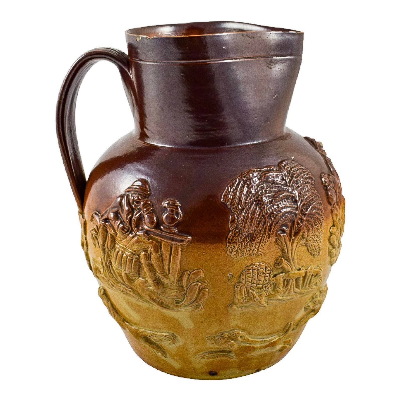 Victorian salt glaze two-tone stoneware jug with foxhunt and village scenes, style of Doulton Lambeth