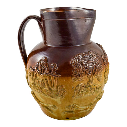 Victorian salt glaze two-tone stoneware jug with foxhunt and village scenes, style of Doulton Lambeth