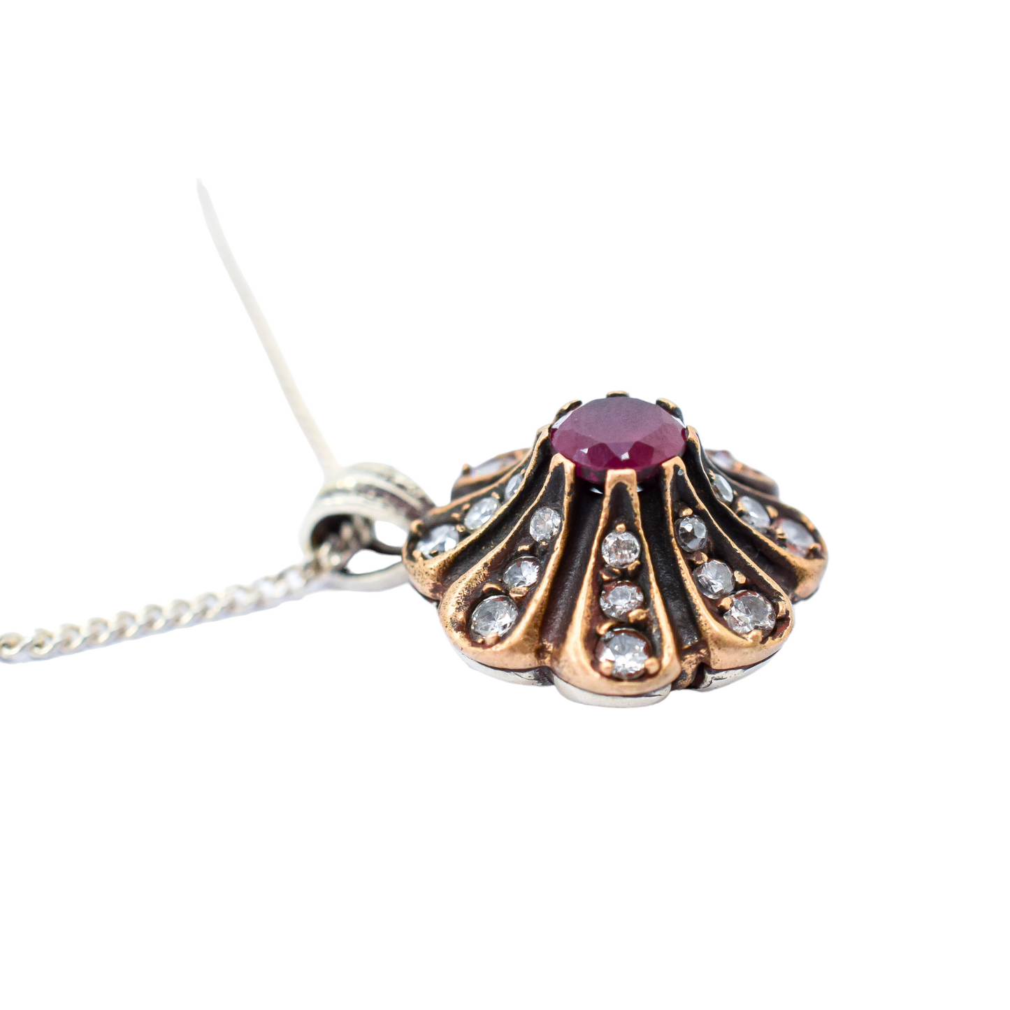 Renaissance style sterling silver cluster floral drop pendant necklace, ruby and paste