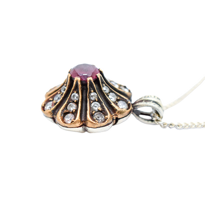 Renaissance style sterling silver cluster floral drop pendant necklace, ruby and paste