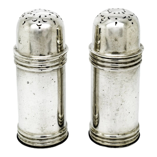 Pair of Victorian sterling silver pepper salt shakers with ribbed girdles