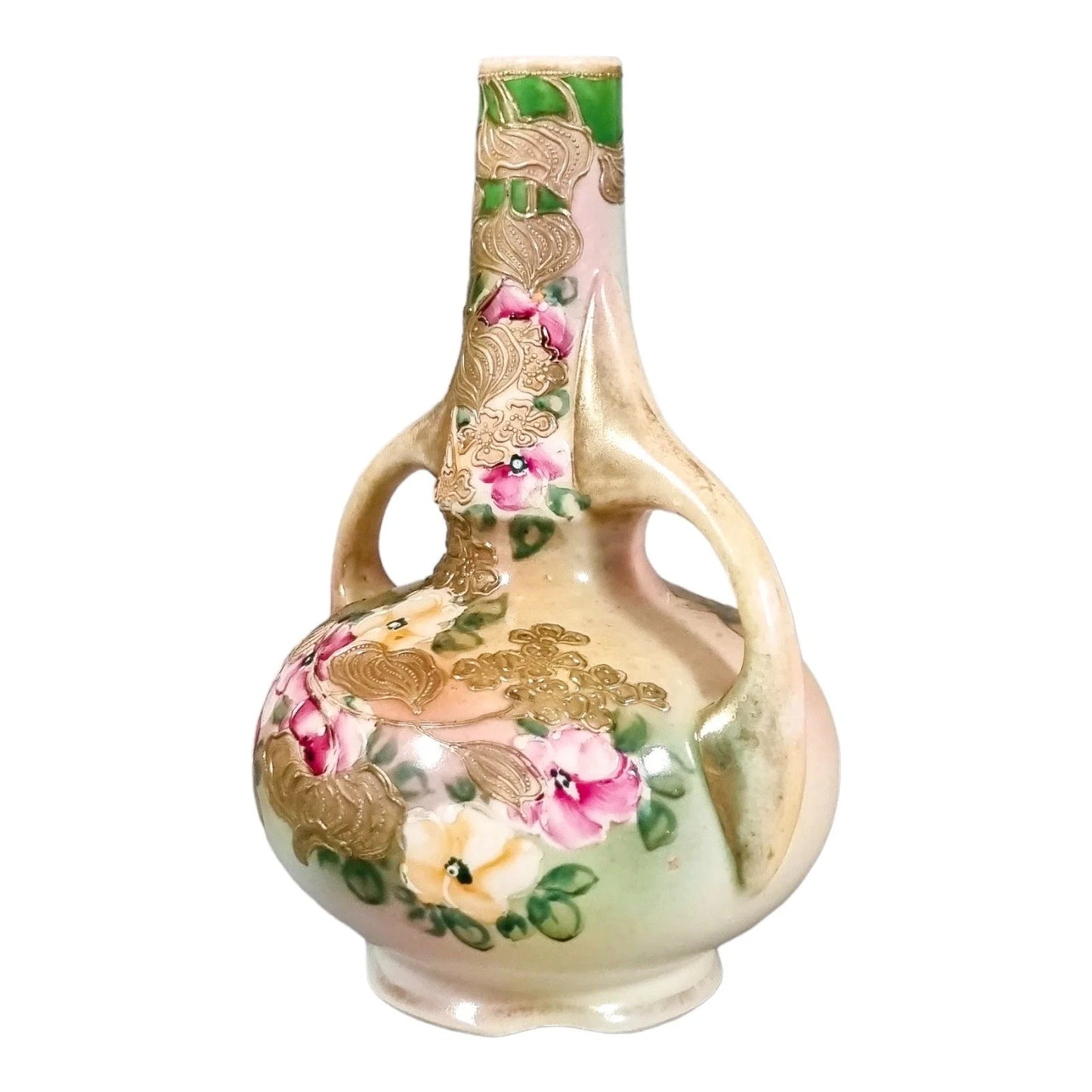 Japanese two-handle baluster bottle vase hand-painted with flowers, gilded and signed