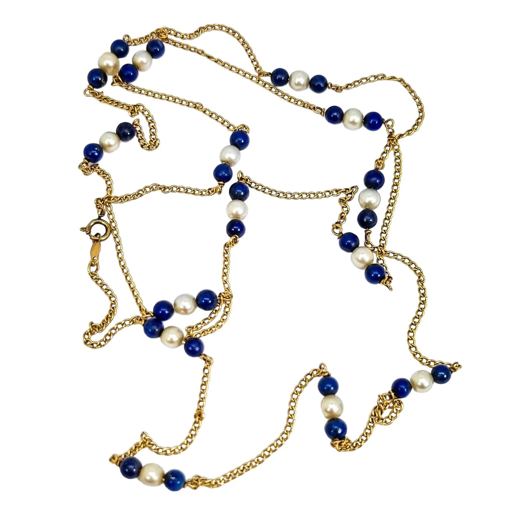 Vintage 14 ct yellow gold chain necklace with pearls and lapis lazuli beads
